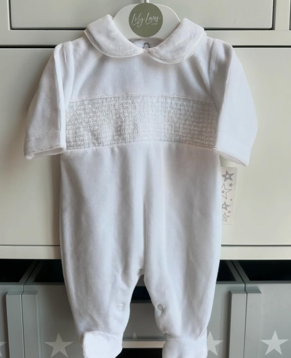 100% Velour Cotton Spanish Baby Grow – White
