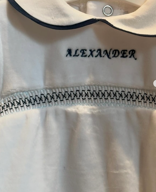 100% Velour Cotton Spanish Baby Grow – White & Blue