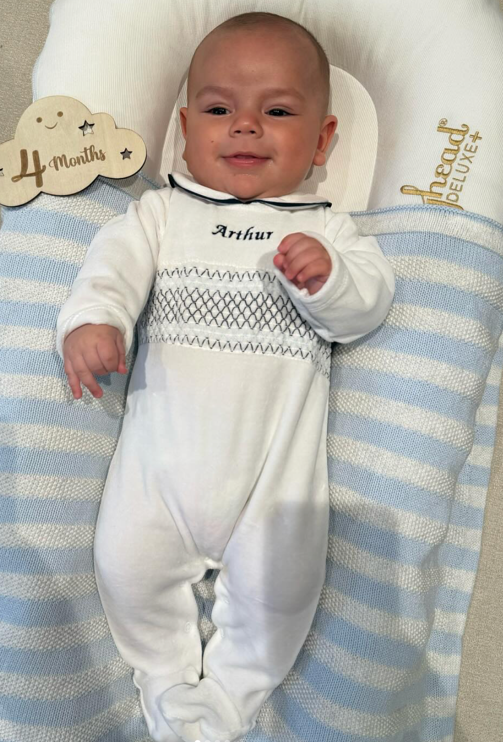 100% Velour Cotton Spanish Baby Grow – White & Blue