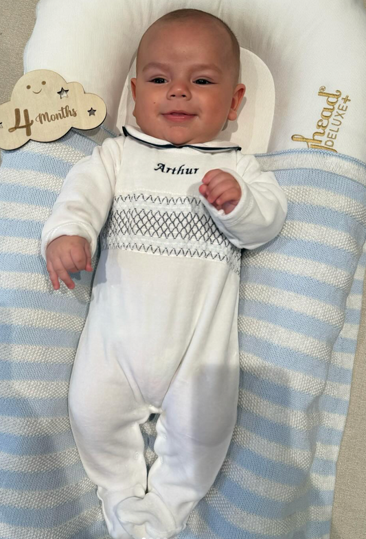 100% Velour Cotton Spanish Baby Grow – White & Blue