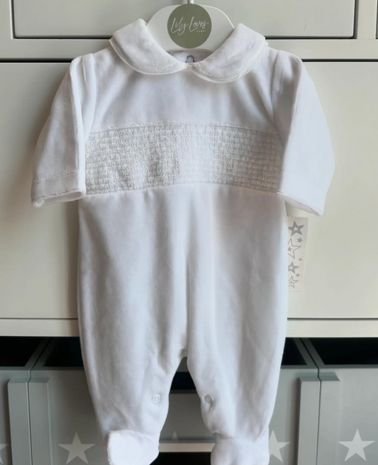 100% Velour Cotton Spanish Baby Grow – White
